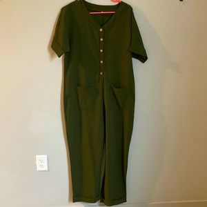 Women’s button front pocket side short sleeve rolled hem solid utility jumpsuit